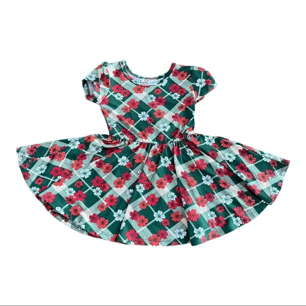Dot Dot Smile Red & Green Floral Plaid Christmas Holiday Cap Dress